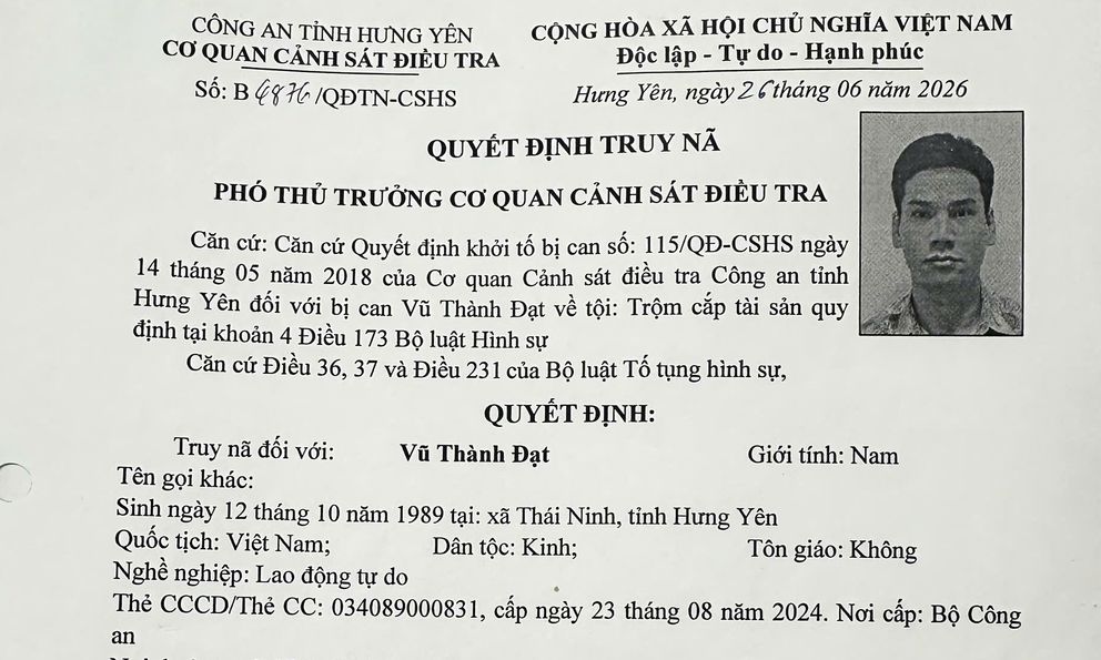 Công an kêu gọi bị can Vũ Thành Đạt SN 1989 sớm ra đầu thú