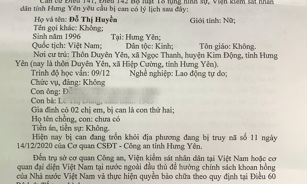 Truy tố, yêu cầu Đỗ Thị Huyền SN 1996 đến công an đầu thú