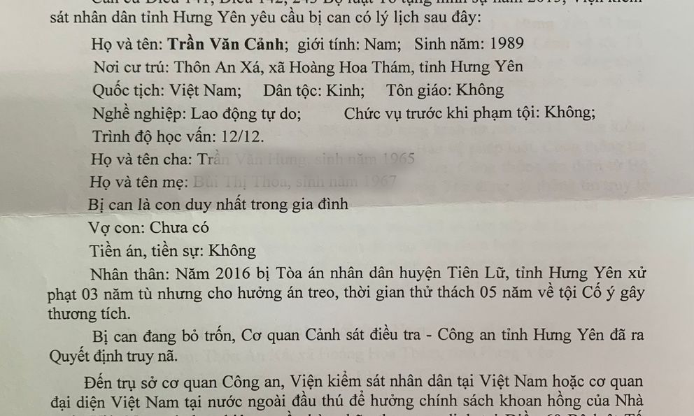 Truy tố bị can Trần Văn Cảnh SN 1989