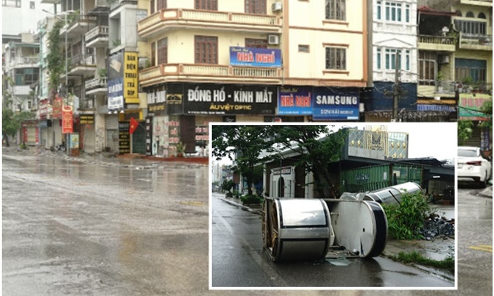 Trước giờ bão đổ bộ: Đường phố Quảng Ninh không một bóng người, gió mạnh hất văng bốt bảo vệ ra xa 6 mét