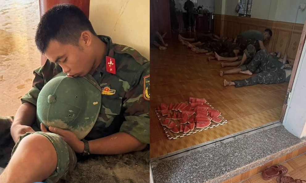 Khi người lính ngủ say bên mẹt dưa hấu của bà con vùng ngập: Thương lắm!