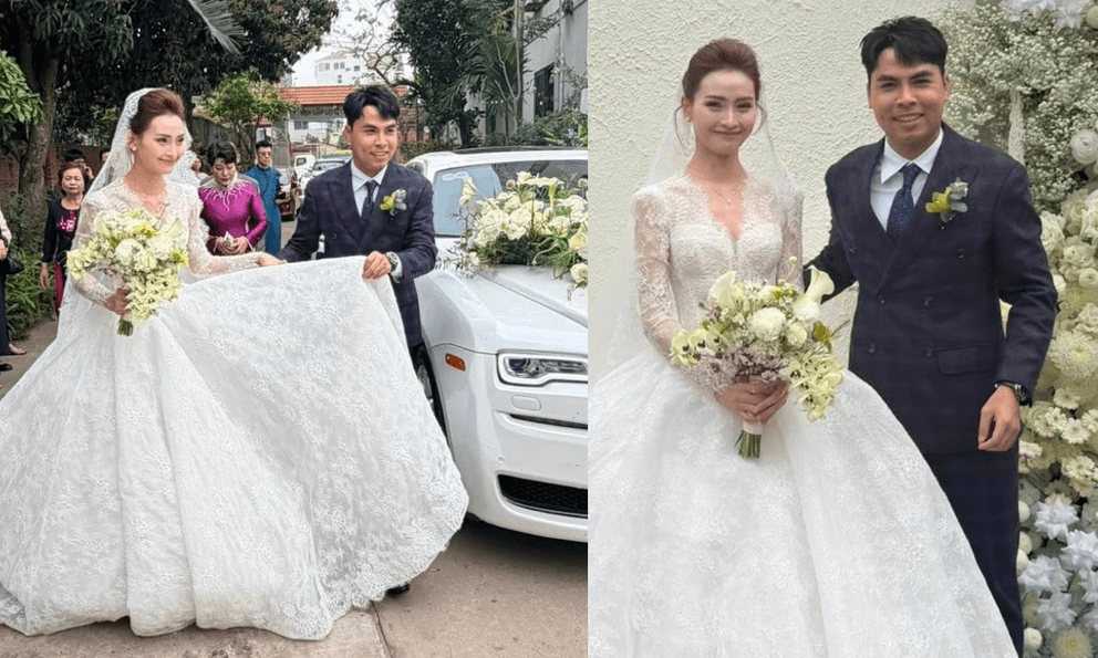 Tiền vệ Đức Huy đi siêu xe Rolls-Royce rước MC Huyền Trang Mù Tạt về dinh, visual cô dâu sáng bừng ngày cưới 