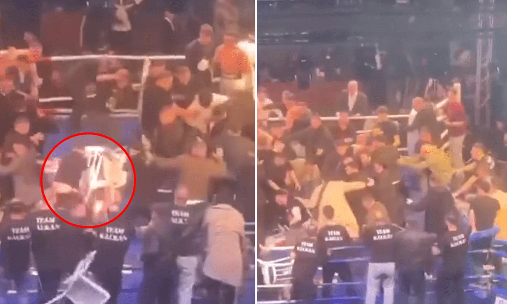 Võ sĩ vừa thắng trận đã bị ném thẳng cái ghế vào người, đấm đá túi bụi, cả võ đài hỗn loạn như trận chiến