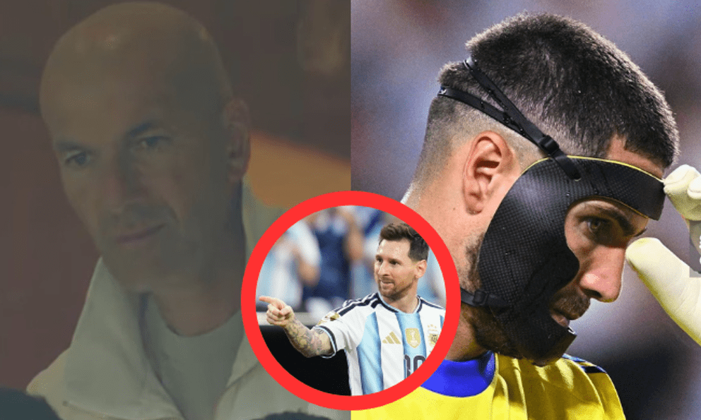 Huyền thoại Zidane trên khán đài bất lực nhìn con trai - thủ môn đeo mặt nạ - bị Messi 
