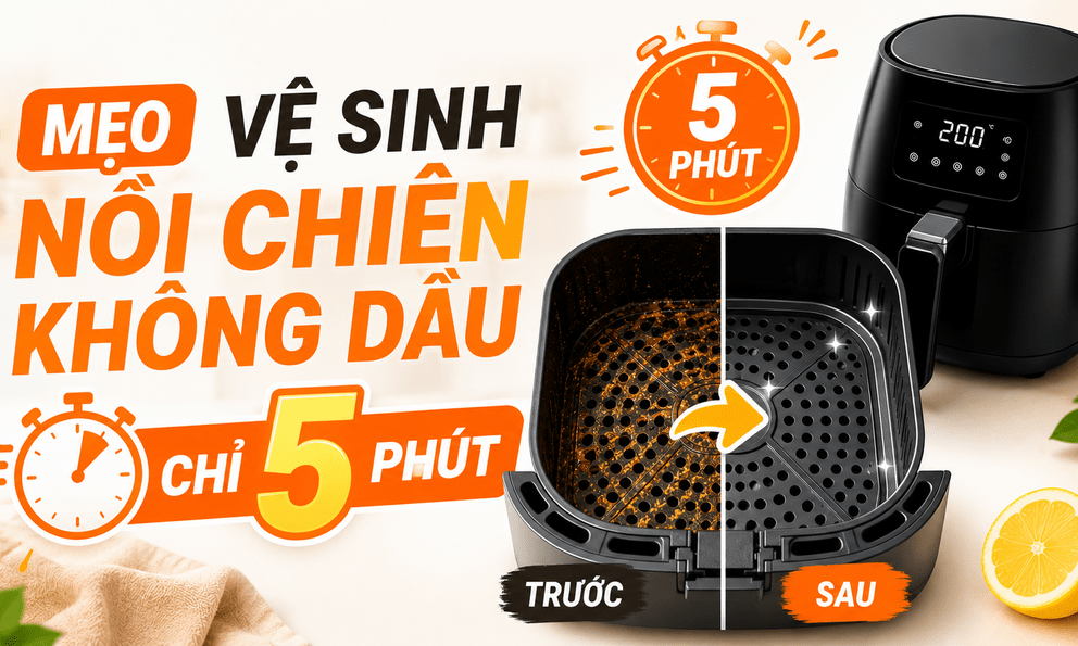 Infographic: Mẹo vệ sinh nhanh nồi chiên không dầu chỉ trong 5 phút