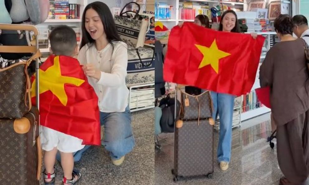 Chu Thanh Huyền khoác cờ Tổ quốc cho con trai, chiếm trọn spotlight tại sân bay khi sang Thái Lan cổ vũ Quang Hải và ĐT Việt Nam