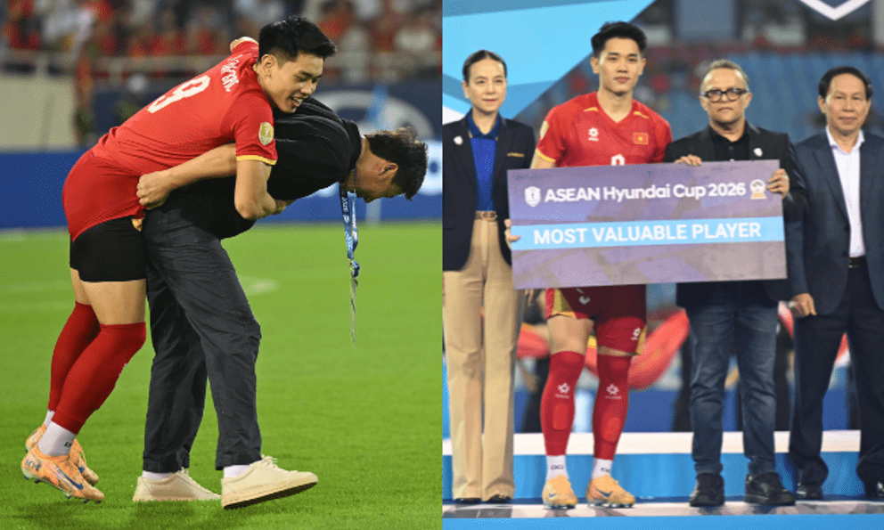 VIP nhất Đình Bắc: Được HLV Kim Sang-sik đích thân cõng lên nhận giải Cầu thủ xuất sắc nhất Asean Cup 2026, tình thầy trò quá đáng yêu