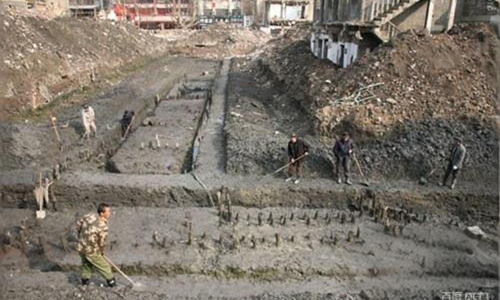 Đào móng công trình, đội công nhân phát hiện trận cọc gỗ 